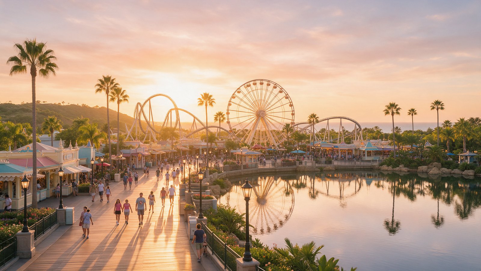 A Ferris wheel and looping coaster above a boardwalk lagoon at golden hour, families strolling the promenade, Anaheim
