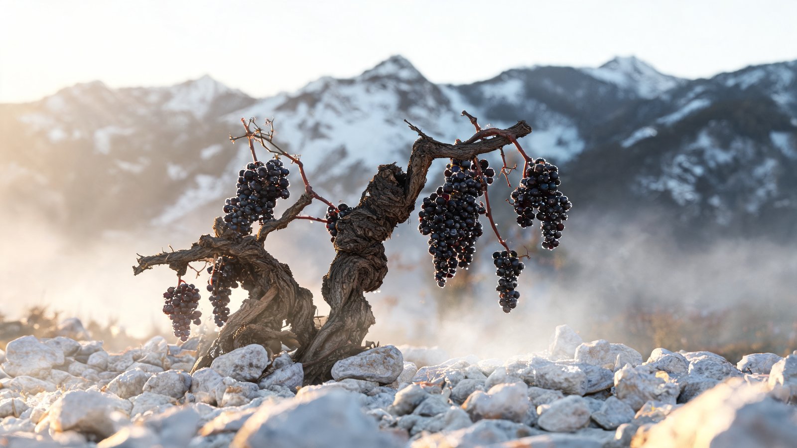 Gnarled old vine heavy with dark grapes on stony ground below the snow-covered Andes, Uco Valley, Mendoza