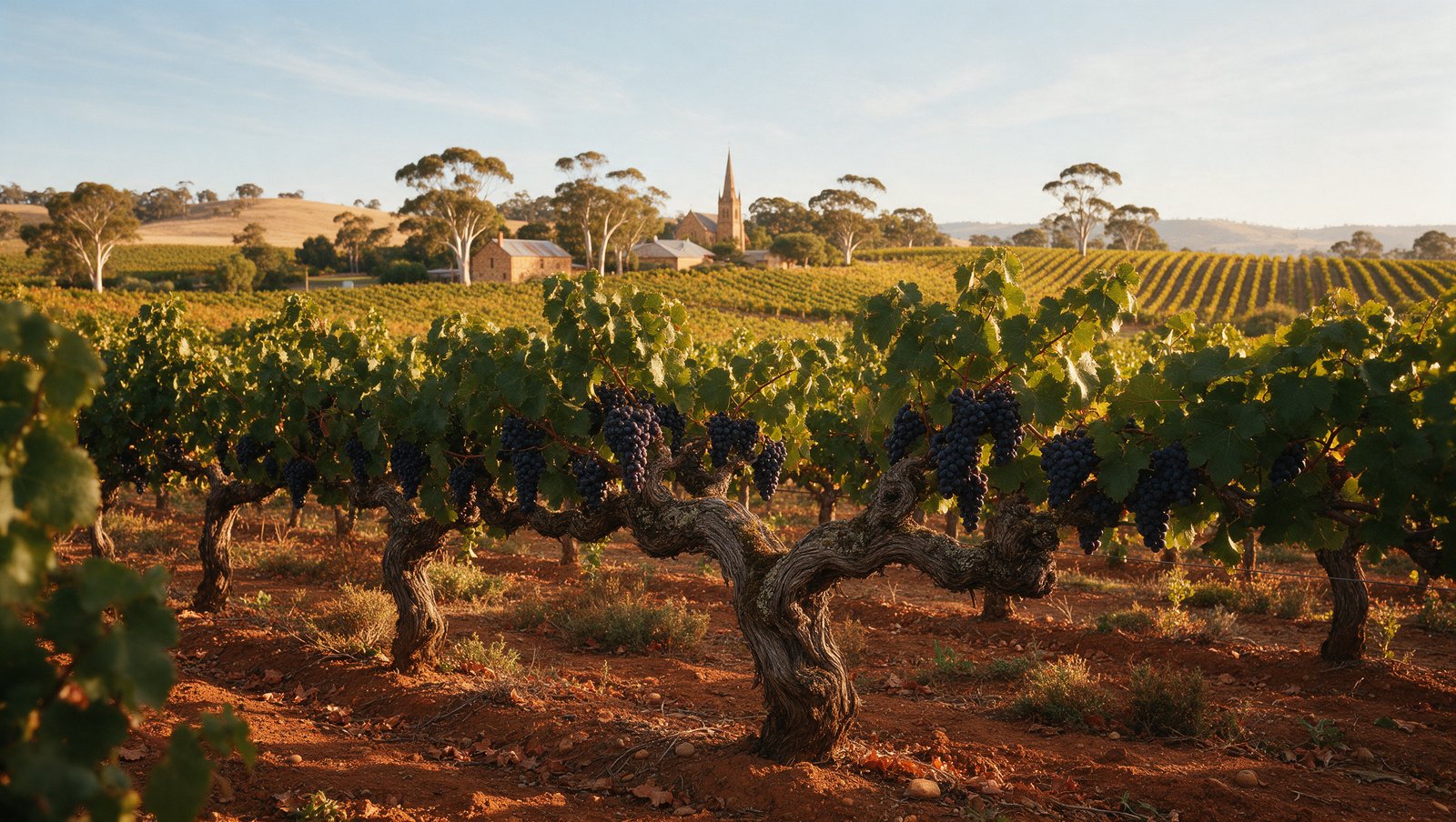 Century-old bush-vine Shiraz on red soil, with gum trees, a stone winery and a Lutheran church spire behind, Barossa Valley