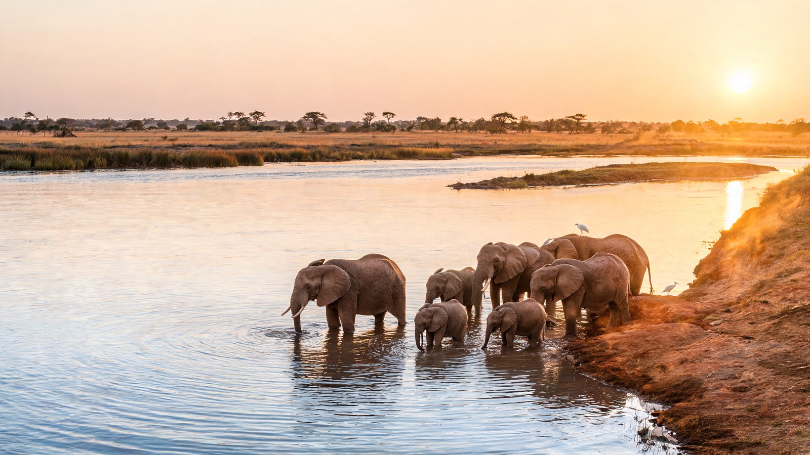Elephant herd with calves at a river at sunset, Chobe, Botswana