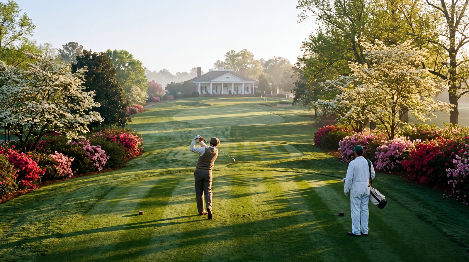 A dawn tee shot framed by azaleas and dogwoods, the clubhouse at the far end of the fairway