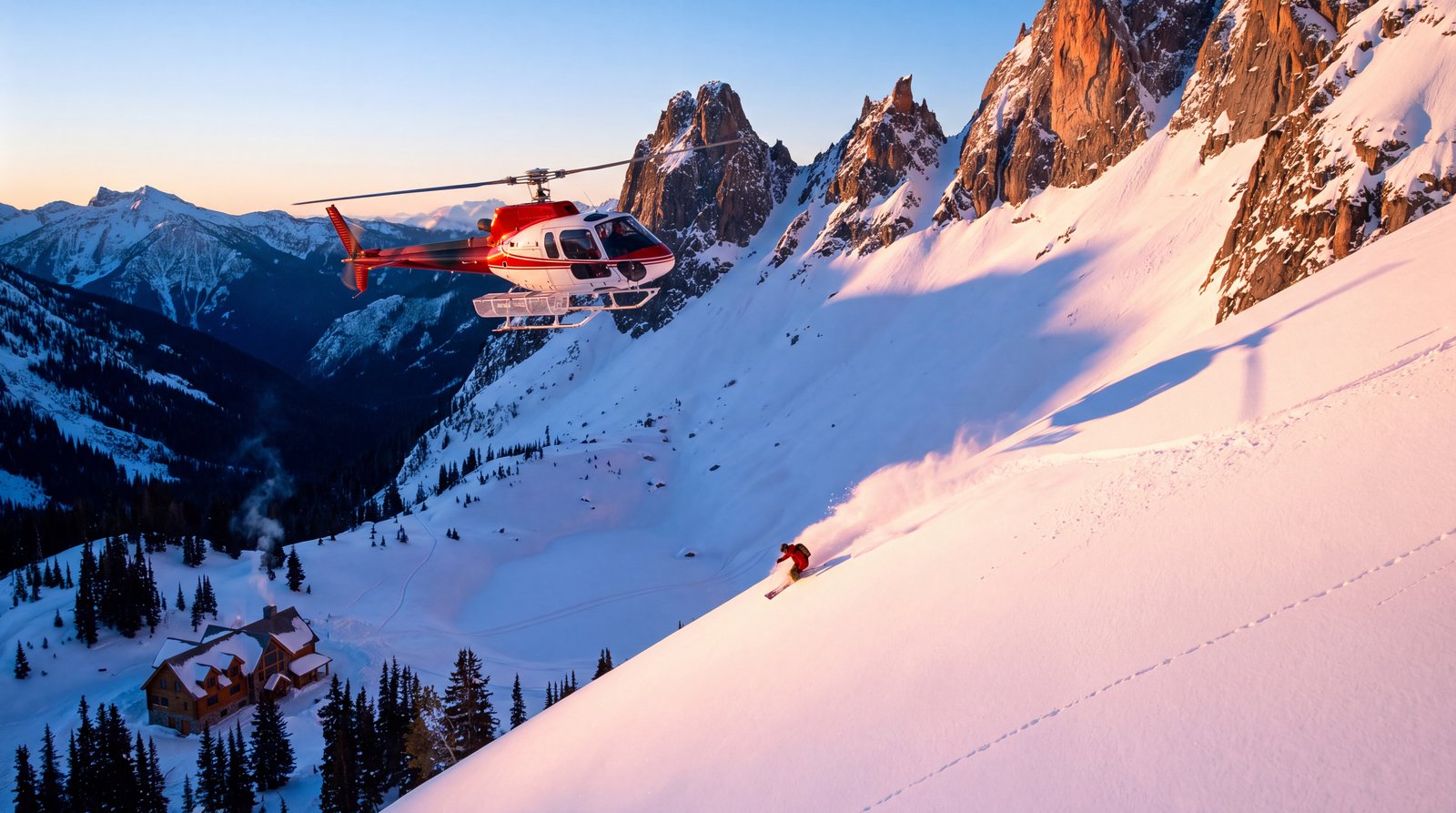 A skier cutting first tracks below a hovering helicopter, backcountry lodge in the valley at alpenglow