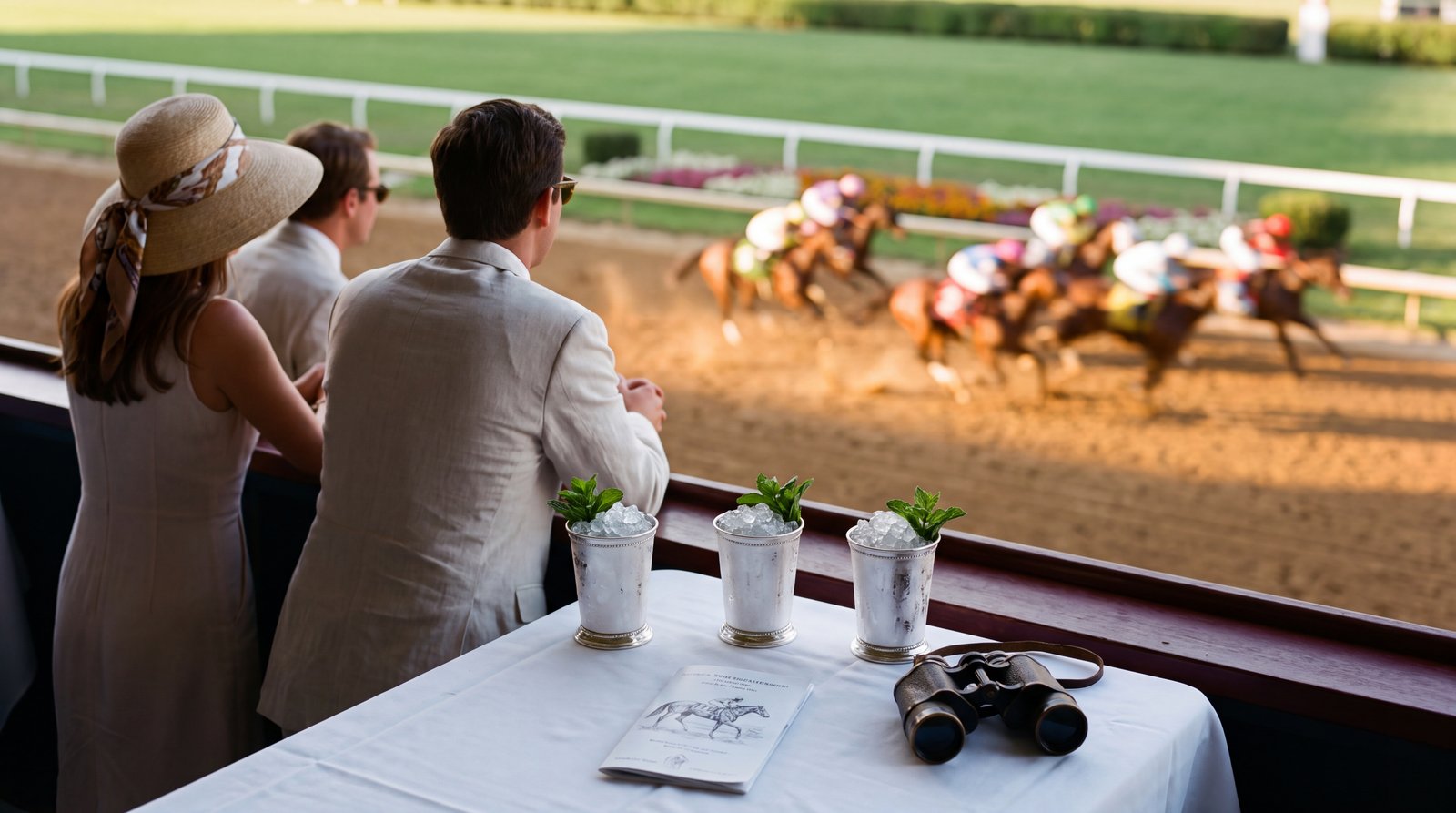 Mint juleps and binoculars in a trackside box as the field thunders down the home stretch