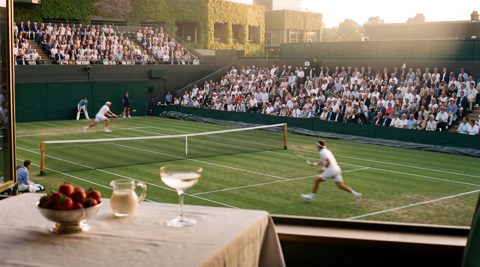 Strawberries and champagne on a courtside table as a rally plays out on a grass court at the All England Club