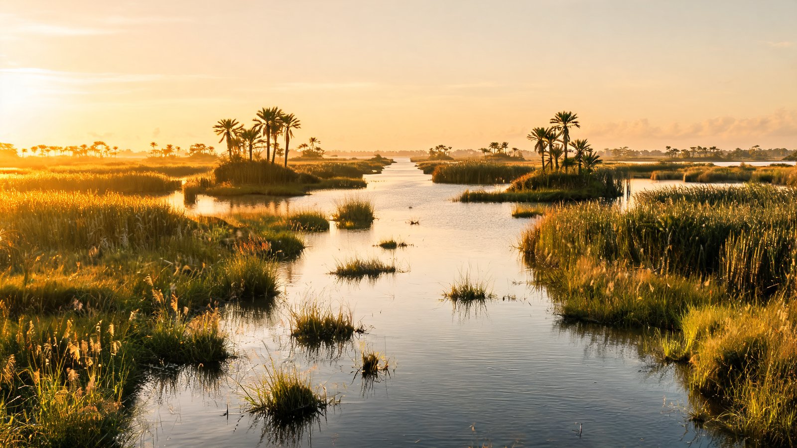 Golden light across the flooded channels of the Okavango Delta, Botswana