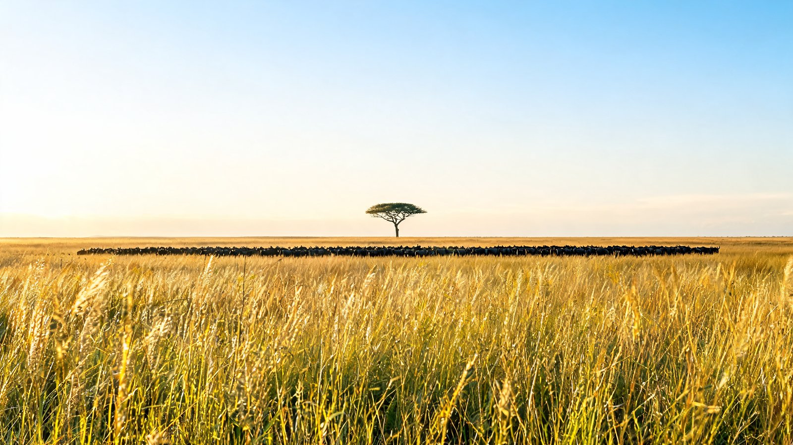 A migration herd strung across the Maasai Mara under a lone acacia, Kenya