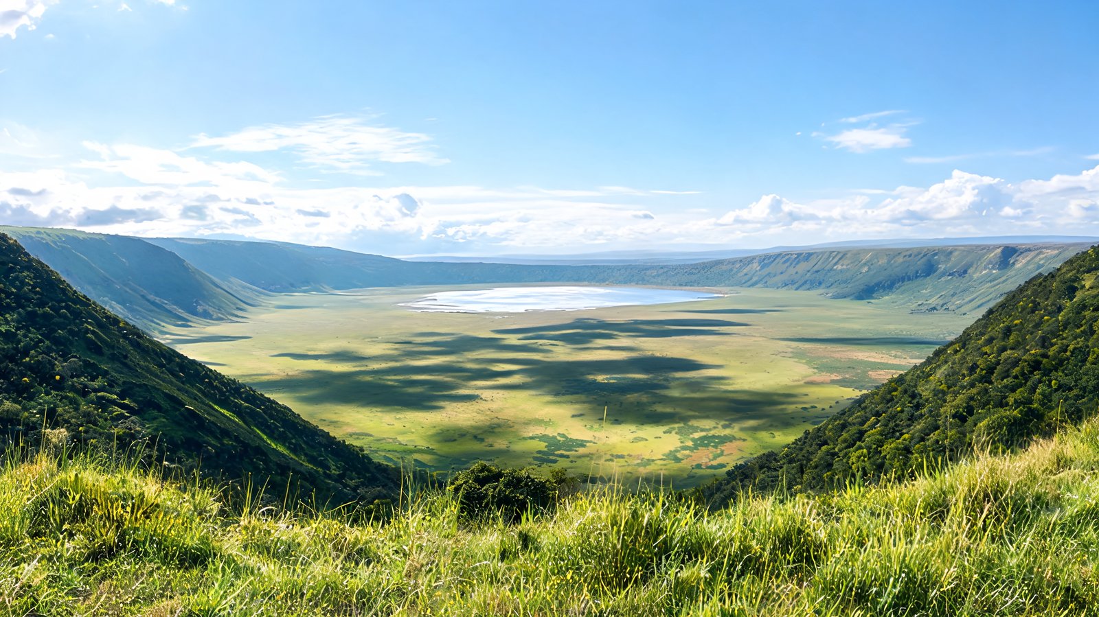 The Ngorongoro Crater floor and soda lake seen from the rim, Tanzania
