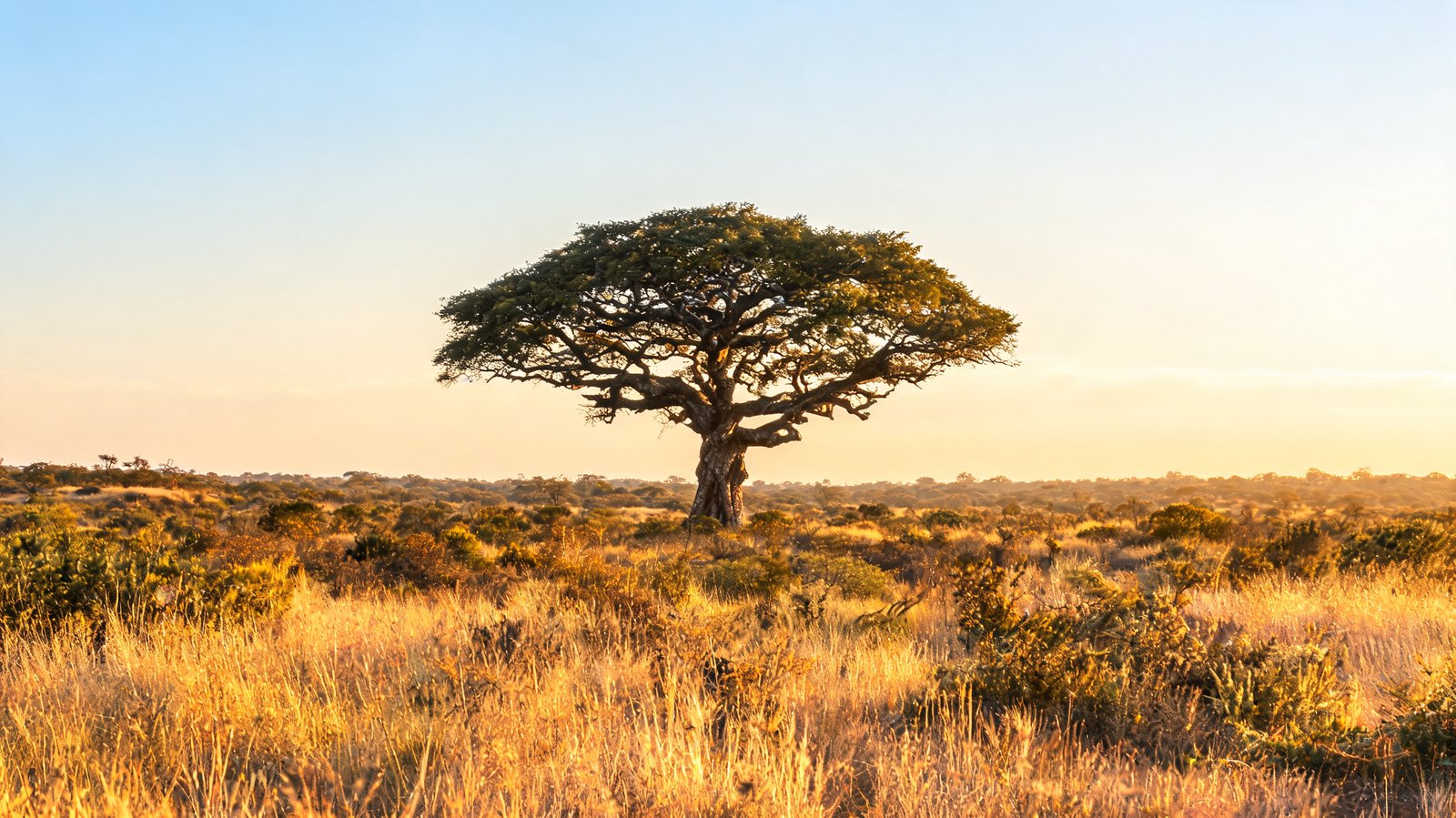 A spreading leadwood tree in golden bushveld, Sabi Sand, South Africa