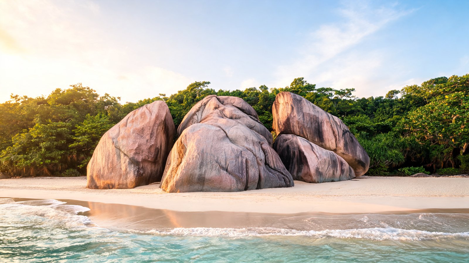 Weathered granite boulders on the sand at La Digue, backed by takamaka forest, Seychelles