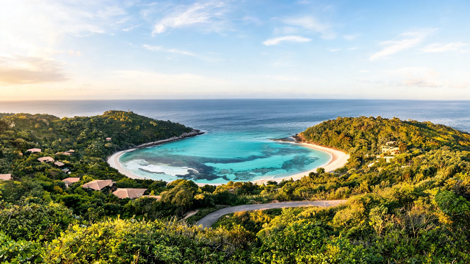 A crescent bay and its reef seen from the clifftop road above, St Barth's