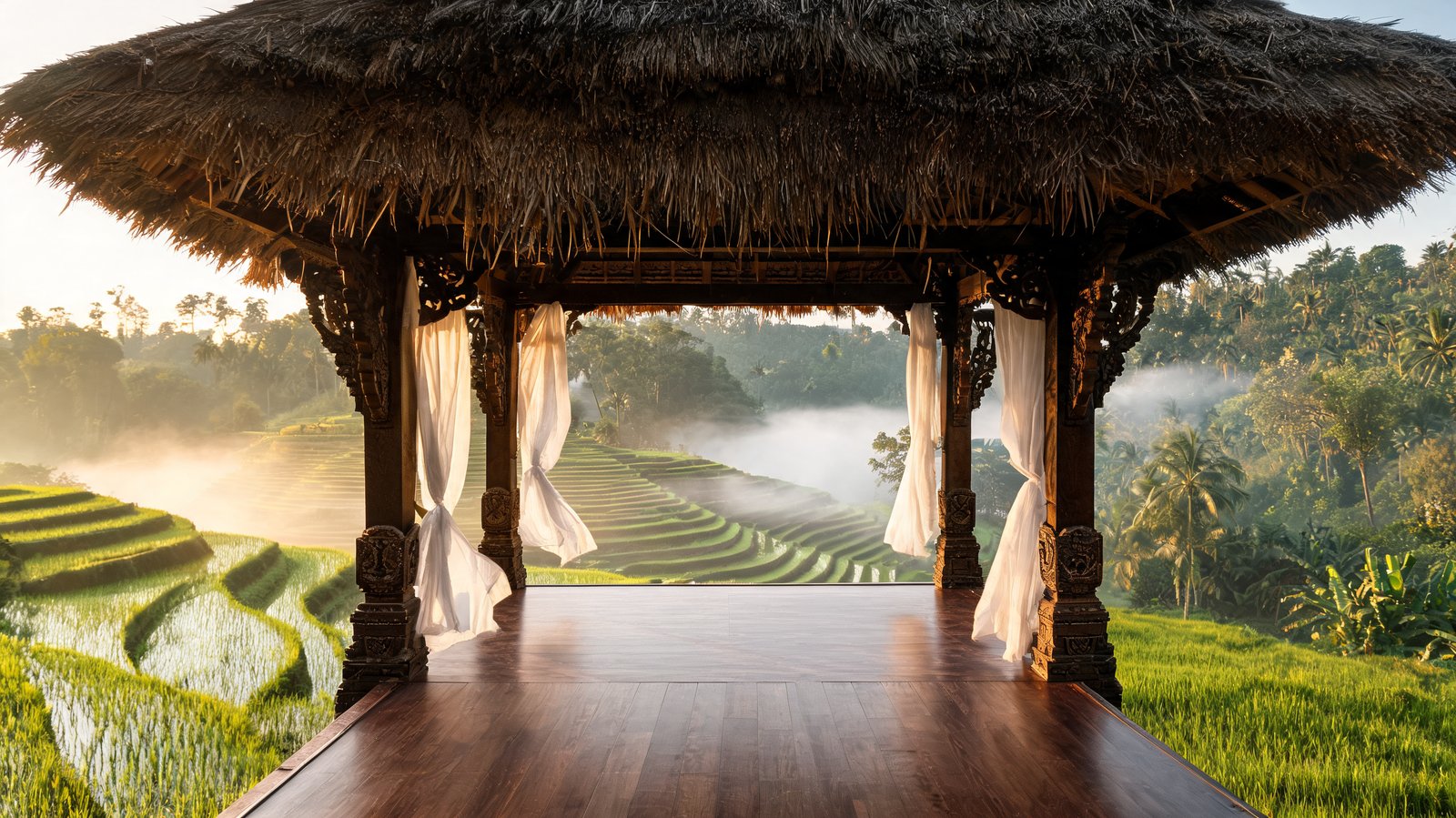 An open-sided timber and thatch yoga pavilion above misted rice terraces at dawn, Ubud, Bali