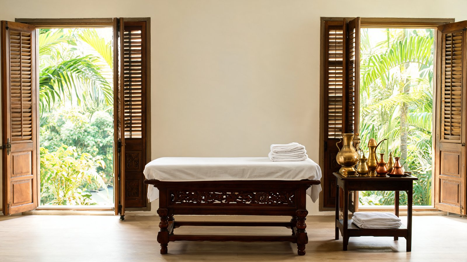 A carved wooden treatment bed and brass oil vessels in an Ayurvedic treatment room, Sri Lanka