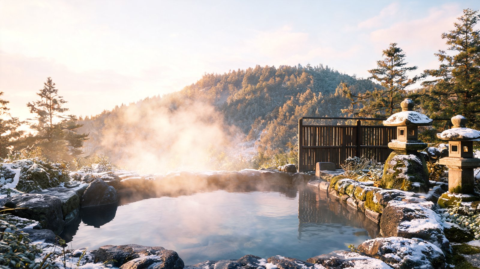 Steam rising off an outdoor onsen bath rimmed with volcanic rock at first light, Japan