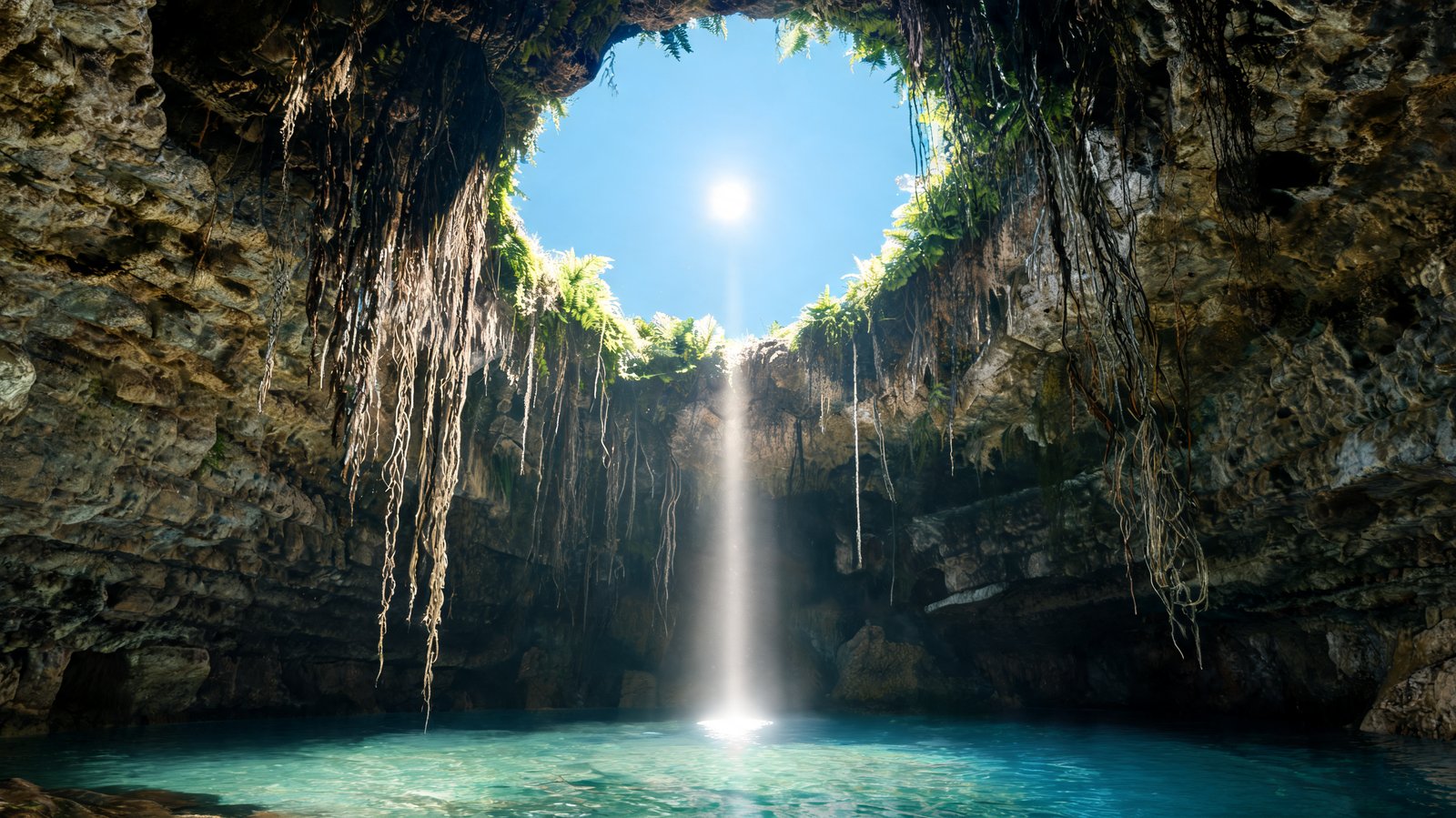 A shaft of sunlight falling through the opening of a Yucatan cenote onto clear water, Mexico