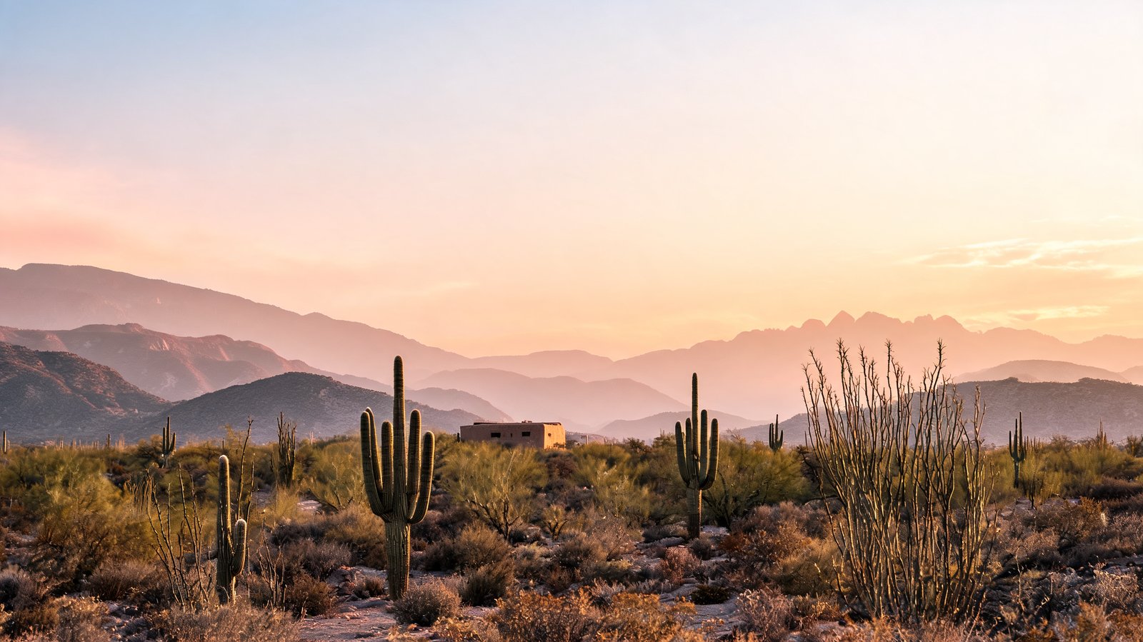 Saguaro and layered desert ridgelines at dawn in the Catalina foothills, Arizona