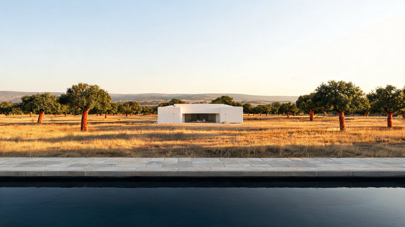 A whitewashed retreat terrace among stripped cork oaks in late afternoon light, the Alentejo, Portugal