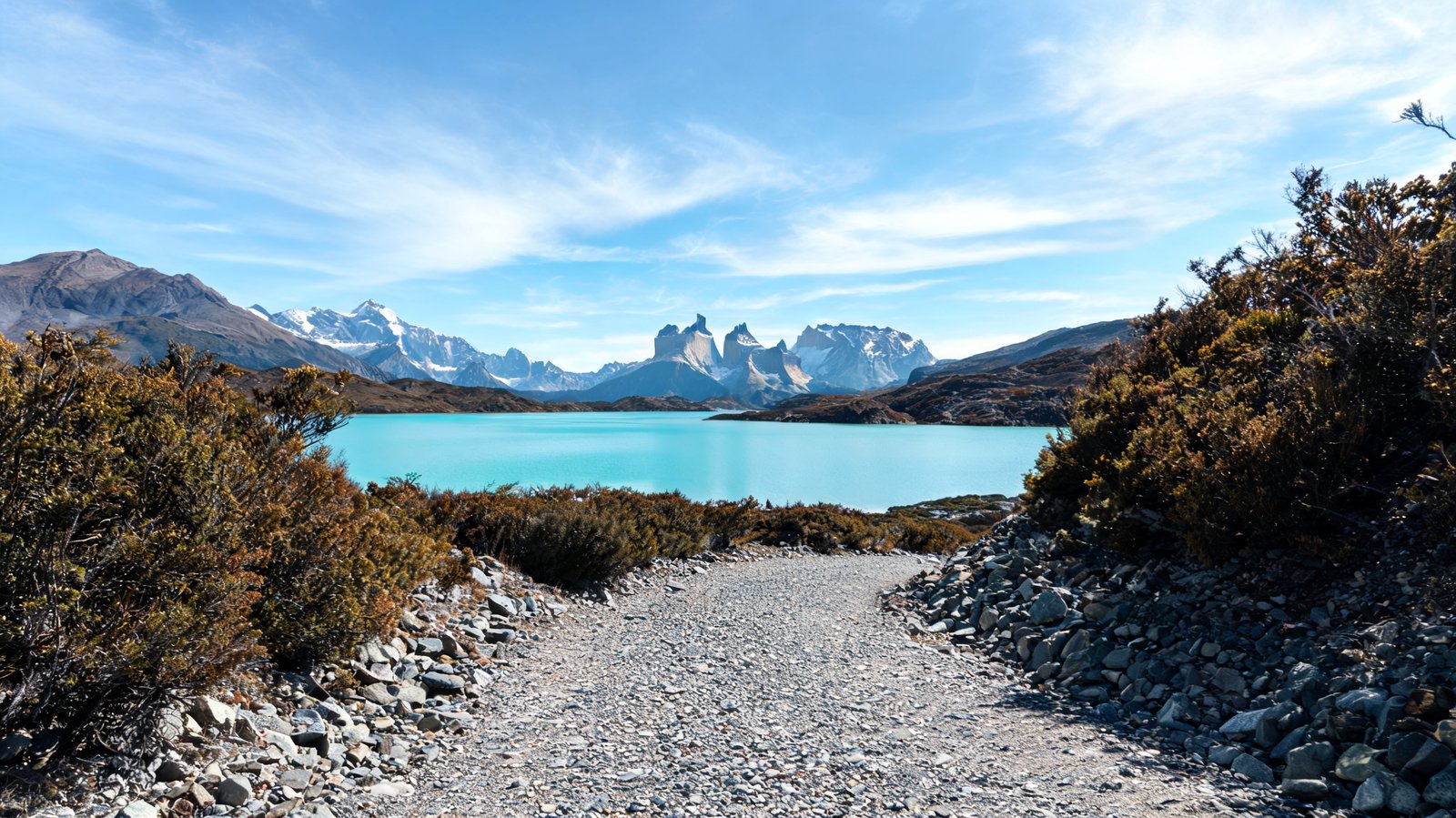 The W Trek trail crossing scree above a glacial lake below the Torres del Paine towers, Patagonia
