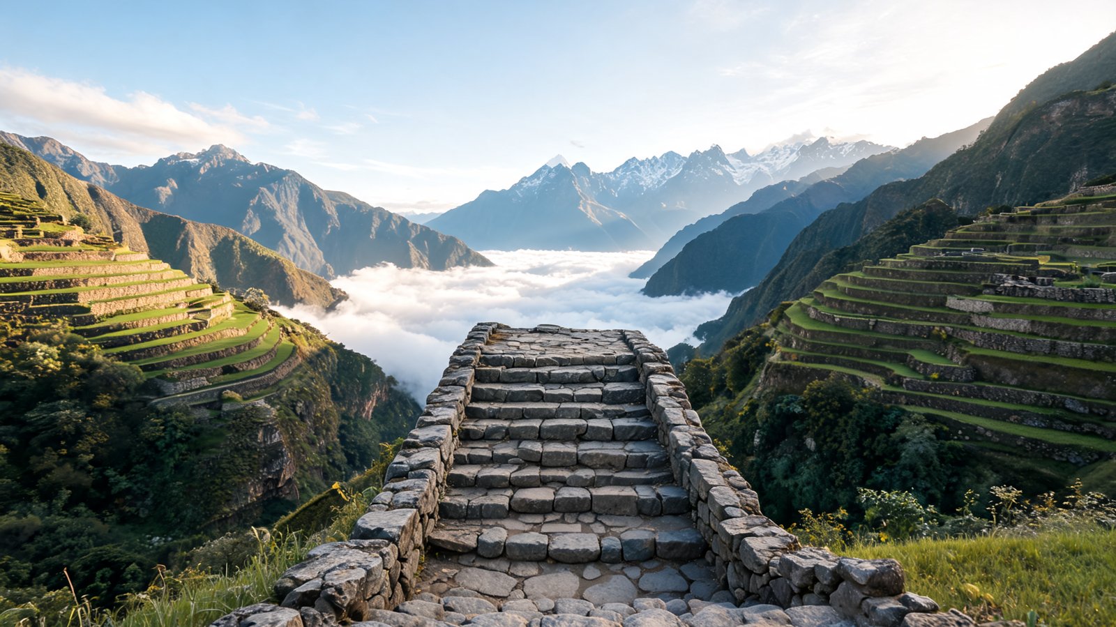 A worn Inca stone stairway climbing above cloud filling the valley, the Peruvian Andes
