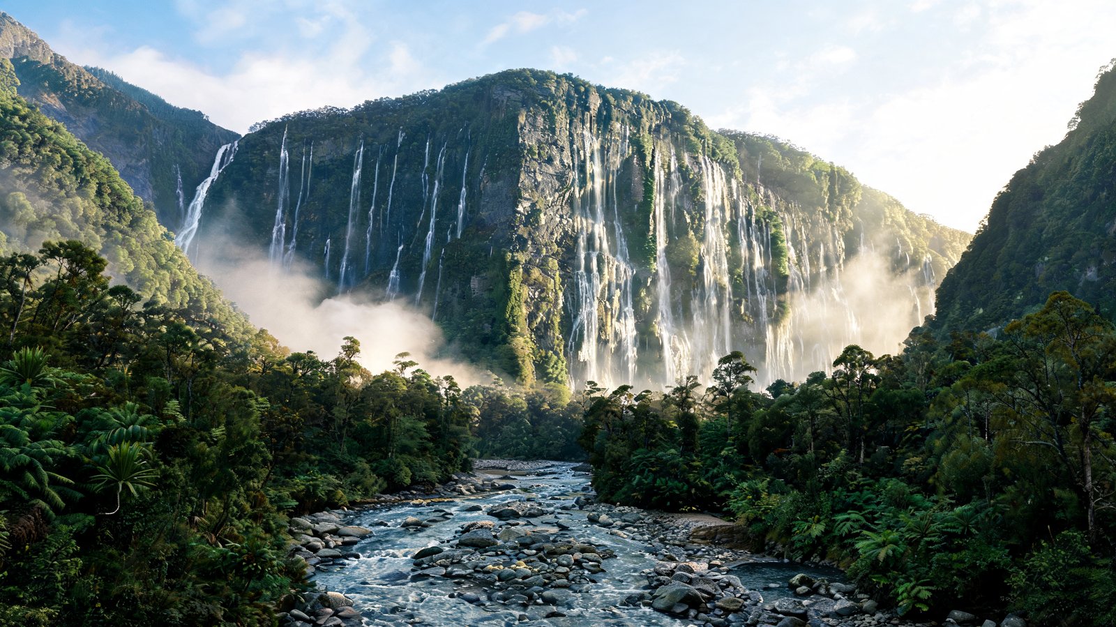 Waterfalls threading down a sheer forested fiord wall above a braided stream, Fiordland, New Zealand