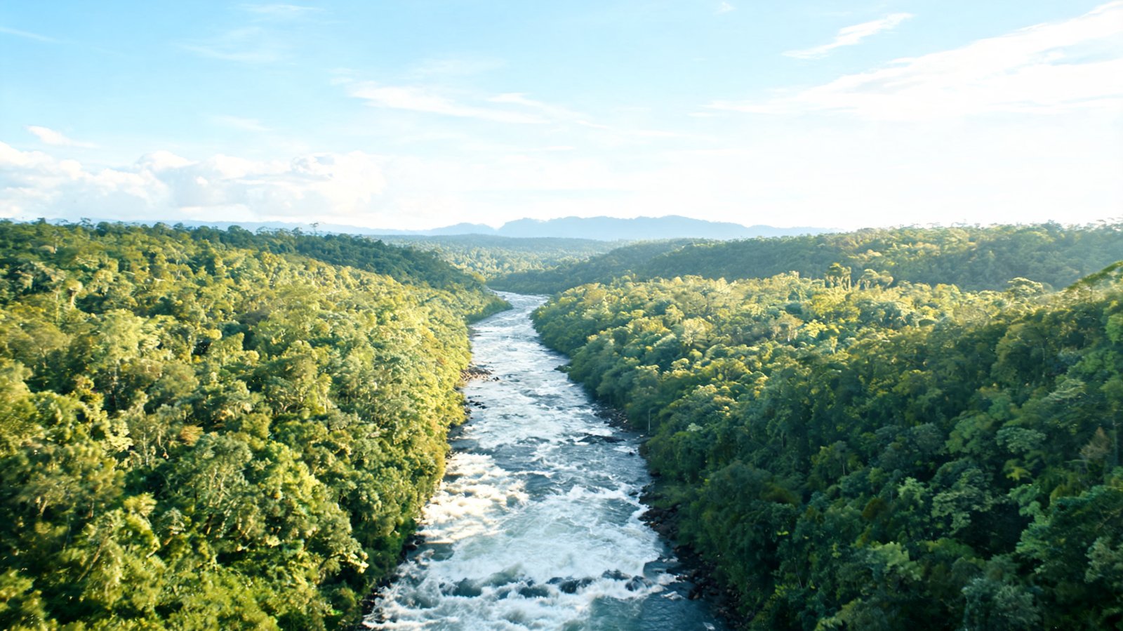 White water running through a sunlit rainforest valley on the Pacuare river, Costa Rica