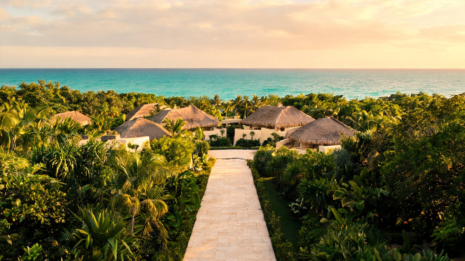 A thatched low-rise resort set into jungle with a stone path toward the Caribbean, Riviera Maya, Mexico