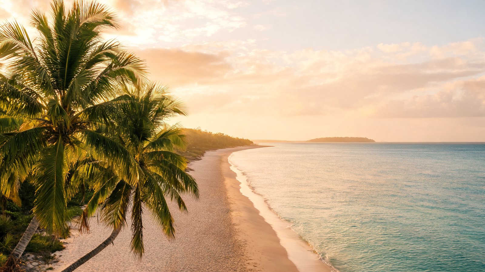 The long curve of Seven Mile Beach receding into golden haze under leaning palms, Negril, Jamaica