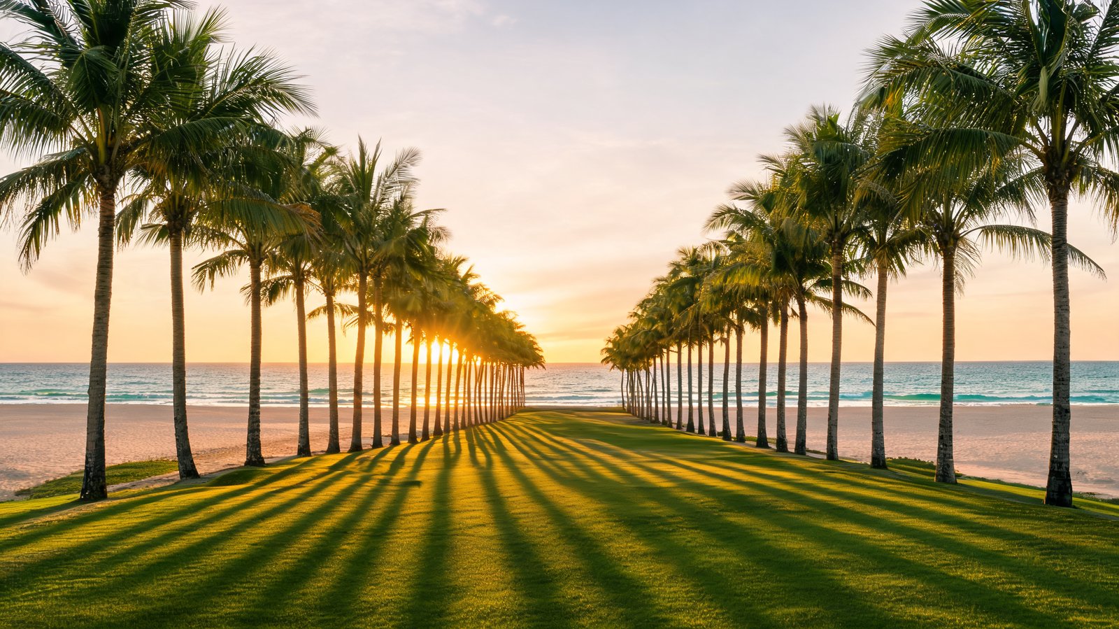 Low evening sun raking between a colonnade of palms above the sand, Punta Cana, Dominican Republic