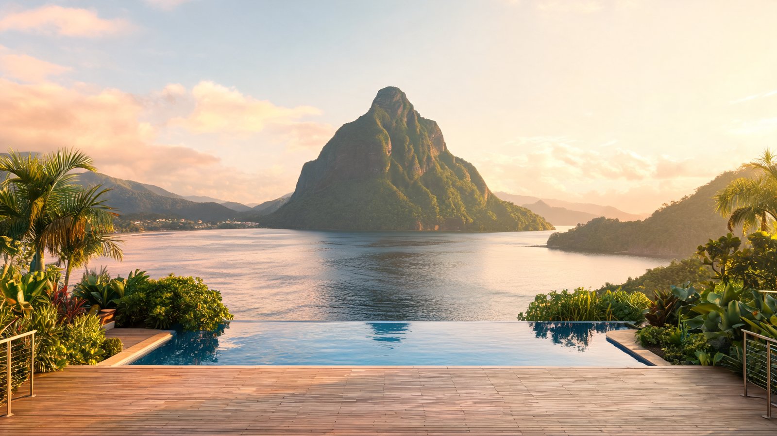 An infinity pool terrace above the bay with a Piton rising beyond in warm light, St Lucia