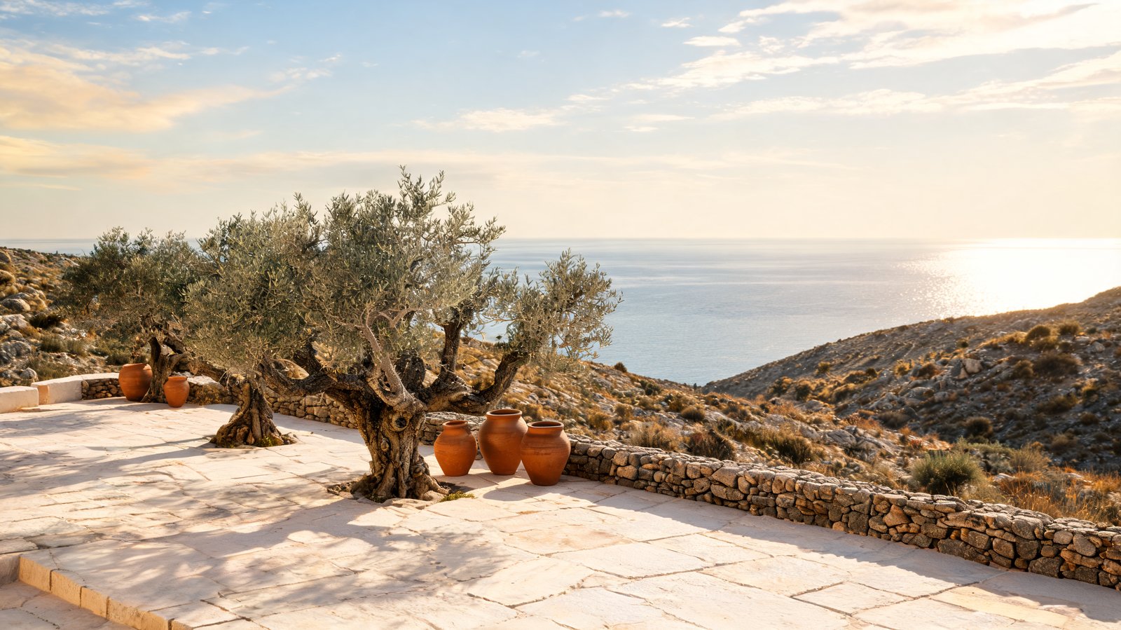 A stone terrace and olive trees above a dry hillside with the Aegean beyond, Crete