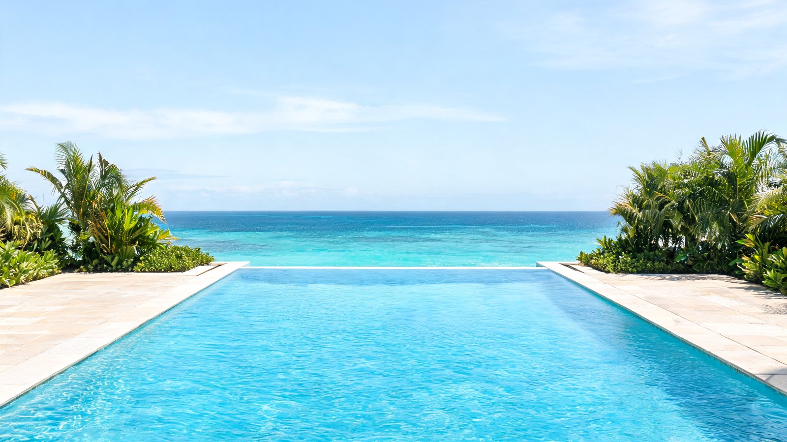 An infinity pool edge meeting the Grace Bay water beyond it, Providenciales, Turks and Caicos
