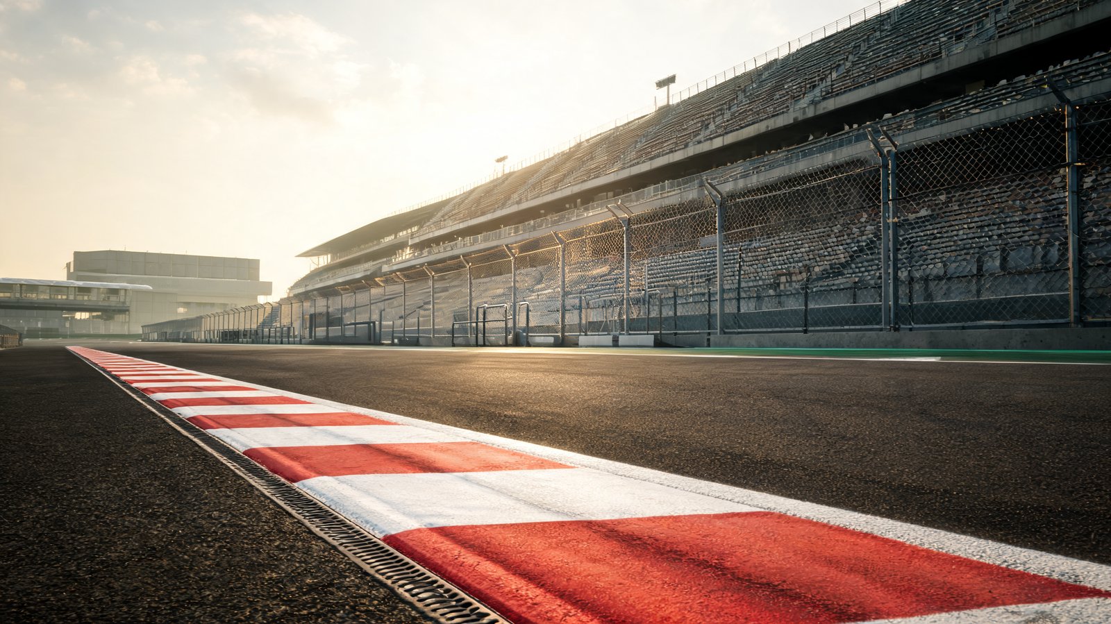 A red and white kerb and apex line at a grand prix circuit with grandstands beyond