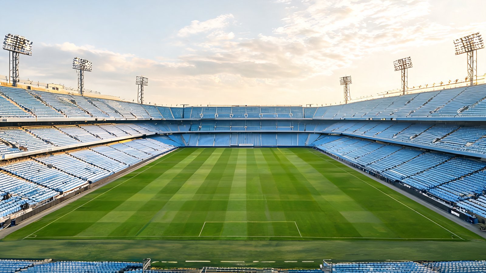 An empty European stadium bowl seen from a high stand, floodlight pylons above the pitch