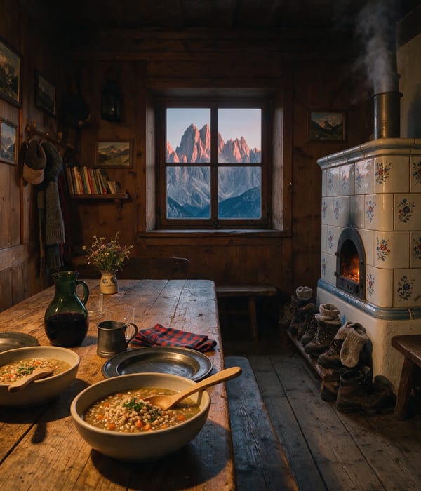 A pine table set with soup and red wine in a Dolomites rifugio, limestone spires through the window