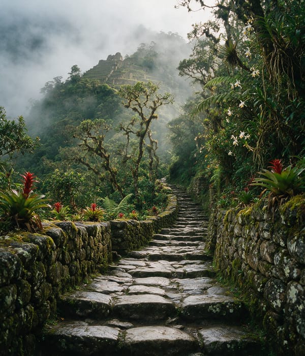 Worn granite steps of the Inca Trail climbing through misty cloud forest between mossy stone walls