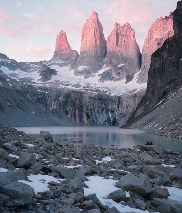 Three granite towers of Torres del Paine catching pink dawn light above a still glacial lagoon