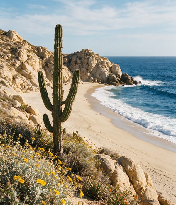 Gold granite headlands and cardón cactus above a crescent beach on the Los Cabos coast