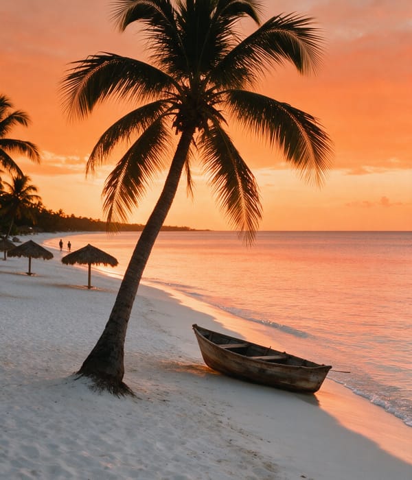 A leaning palm and wooden skiff on Negril's Seven Mile Beach at sunset over calm water