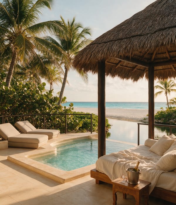 A private plunge pool and thatched palapa loungers on an adults-only Riviera Maya suite terrace