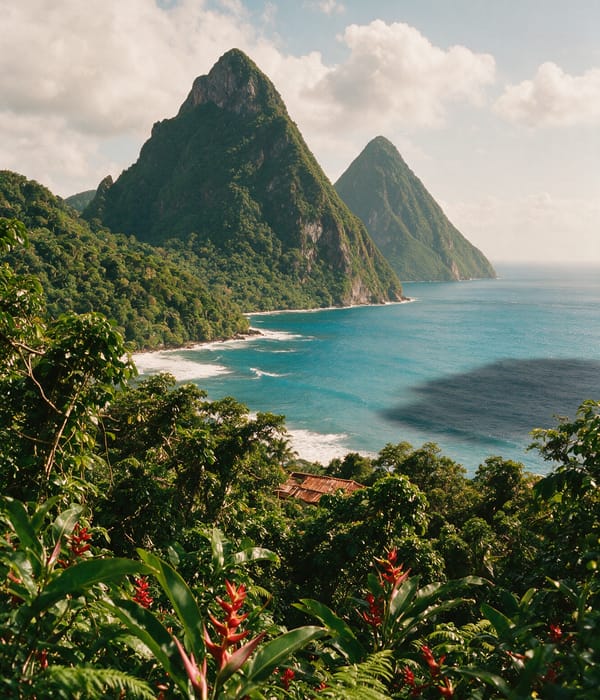 The twin volcanic Pitons rising from the Caribbean above rainforest canopy near Soufrière, St. Lucia