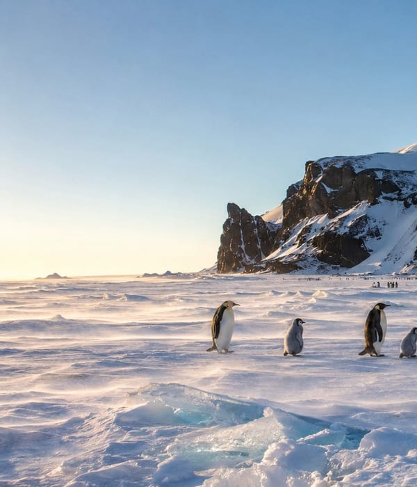 Penguins on the sea ice below a weathered iceberg in Antarctic waters