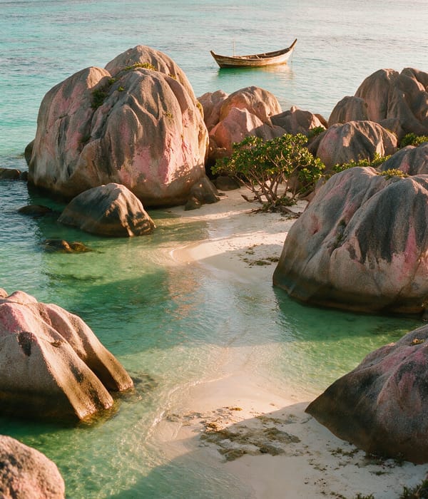 Pink granite boulders standing in jade shallows at Anse Source d'Argent on La Digue, Seychelles