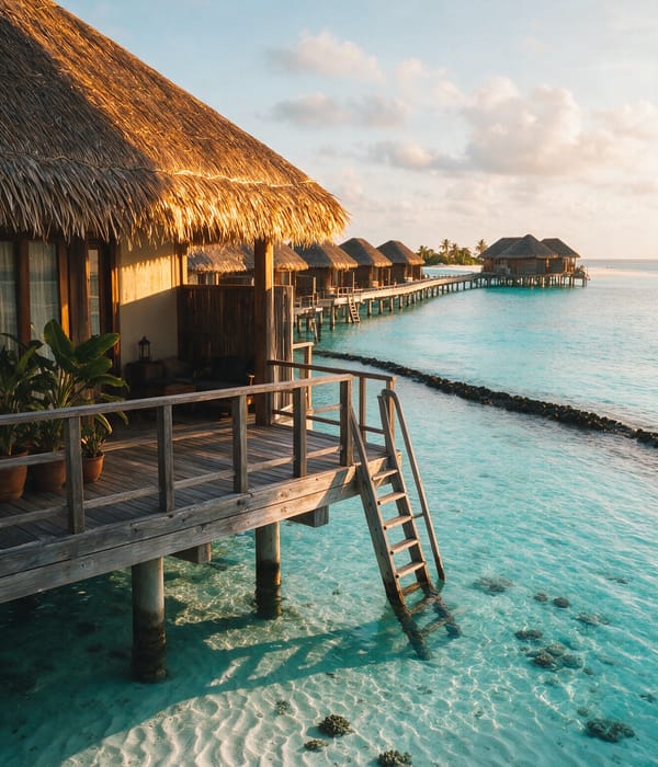 A thatched overwater villa deck with a ladder into clear turquoise lagoon on a Maldivian atoll