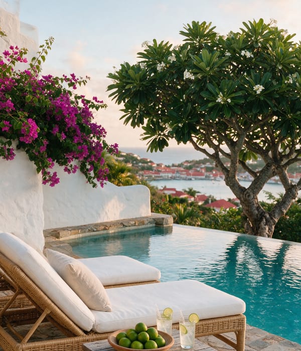 An infinity pool and bougainvillea-draped terrace at a St. Barth's villa above Gustavia bay