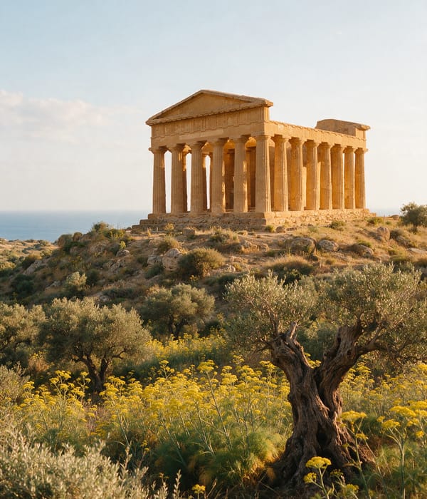 Honey-coloured Doric columns of the Temple of Concordia at Agrigento standing above olive trees