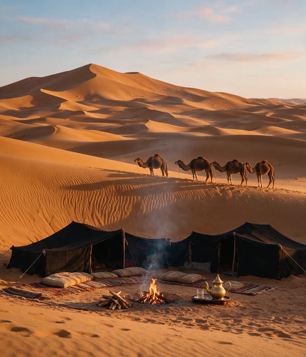 Black nomad tents and resting camels on the Erg Chebbi dunes near Merzouga at last light