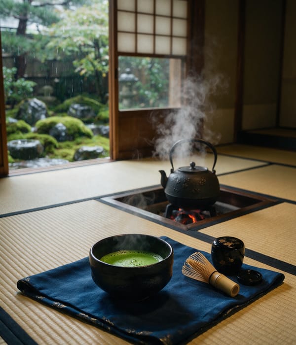 A raku bowl of whisked matcha and an iron kettle on tatami beside a shoji-framed Kyoto garden