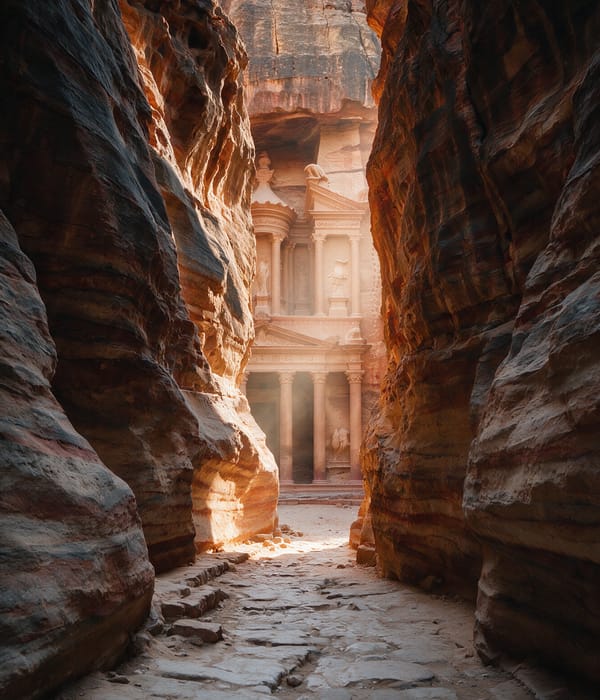 The rose-sandstone Treasury facade at Petra framed in a sliver of the Siq's shadowed canyon walls