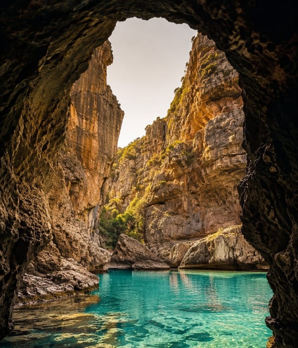 A sea cave arch opening onto a secluded turquoise cove