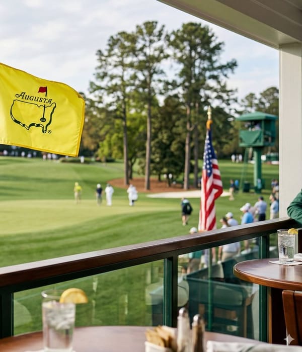 A spectator on a balcony overlooking the green and clubhouse at Augusta National