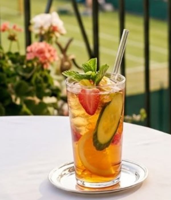 A glass of Pimm's on a terrace table overlooking a grass court at the All England Club